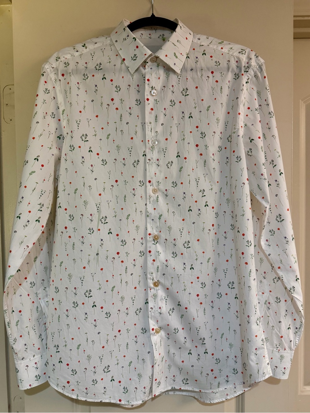 Paul Smith White Button-Down Shirt with Red & Green Poppy Print